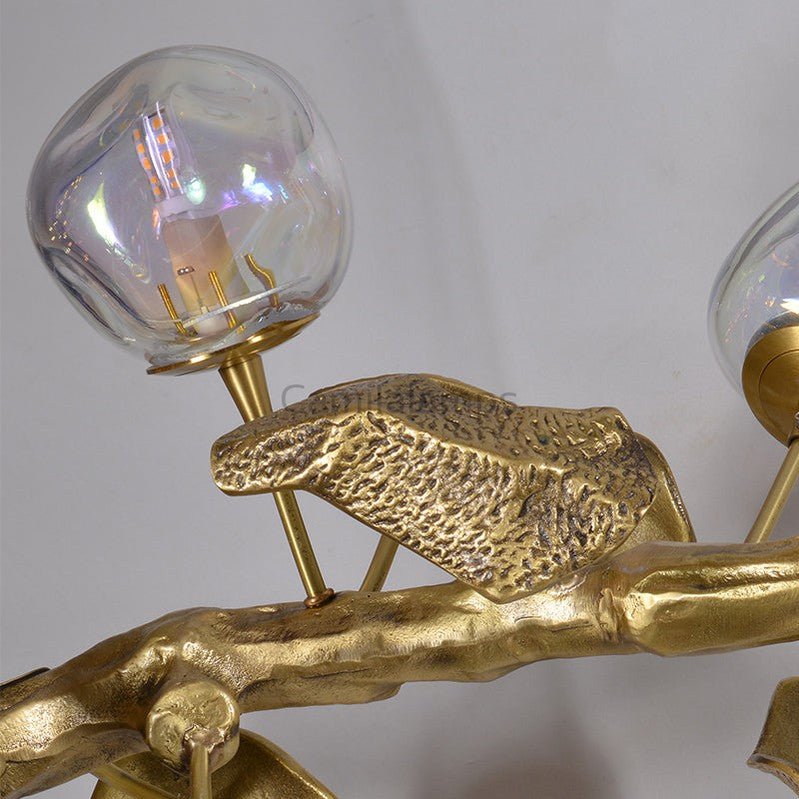 Long Organic Glass Bubble Brass Leaves Branch Chandelier 59" L - Camilalamps - SID - 1006