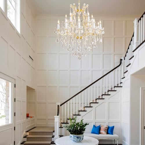 Large Gold Crystal Chandelier Light Fixtures - 24 Lights Modern Crystal Chandeliers for Hotel, Lobby, Foyer, Entryway Hall, Staircase High Ceiling Chandelier 2 Layers - Camilalamps - B0F93R7H6W