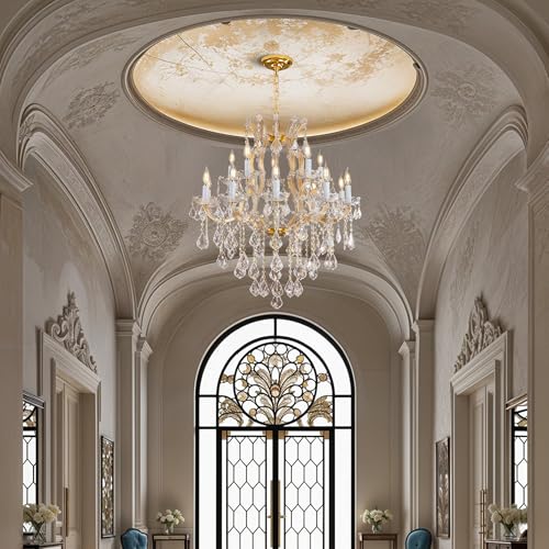 Large Gold Crystal Chandelier Light Fixtures - 24 Lights Modern Crystal Chandeliers for Hotel, Lobby, Foyer, Entryway Hall, Staircase High Ceiling Chandelier 2 Layers - Camilalamps - B0F93R7H6W