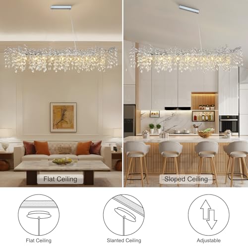 Crystal Chandeliers for Dining Room, 63" Modern Gold Tree Branch Chandelier, 15 - Lights Luxury Rectangular Raindrop Chandelier Light Fixture for Kitchen Island, Living Room, Foyer, High Ceiling - Camilalamps - B0BXNB4WRN