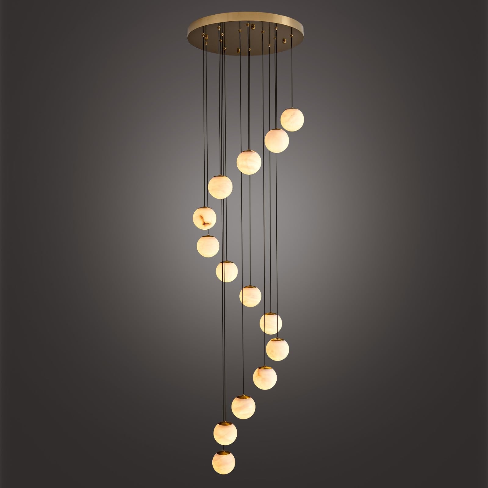 Black Alabaster Chandelier,14 - Lights Staircase Chandelier for Entryway, Modern Marble Hanging Light Fixture, Hight Ceiling, Foyer, Living Room, Staircase, Entry - Camilalamps - B0DSZZ11GM