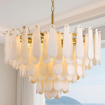 Alabaster Chandelier for Dining Room, 6-Tier Modern Round Chandeliers, D31.5in Adjustable Marble Pendant Light Fixture, White Marble Oval Ceiling Light for Dining Table Kitchen Island Living Room