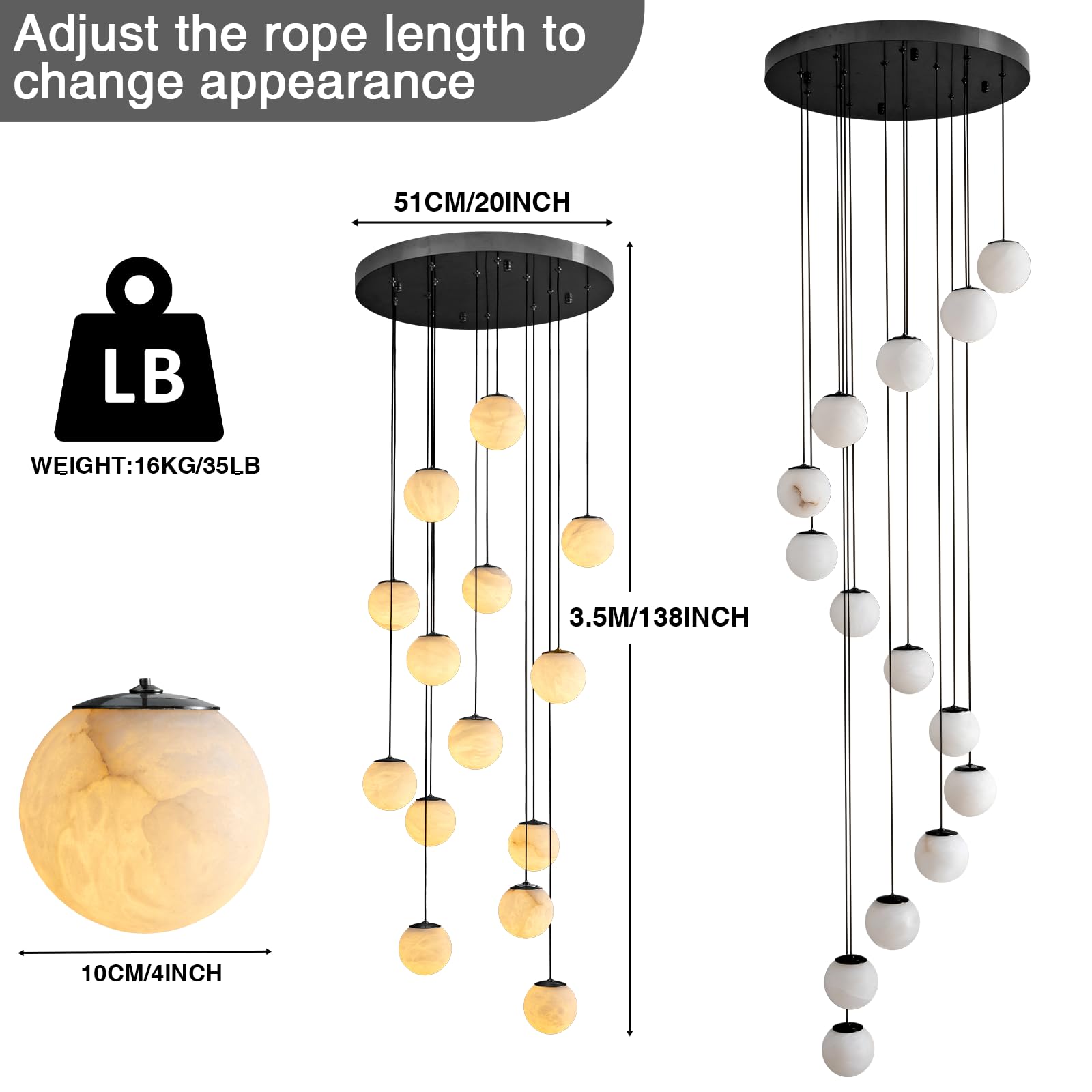 Black Alabaster Chandelier,14 - Lights Staircase Chandelier for Entryway, Modern Marble Hanging Light Fixture, Hight Ceiling, Foyer, Living Room, Staircase, Entry - Camilalamps - B0DSZZ11GM