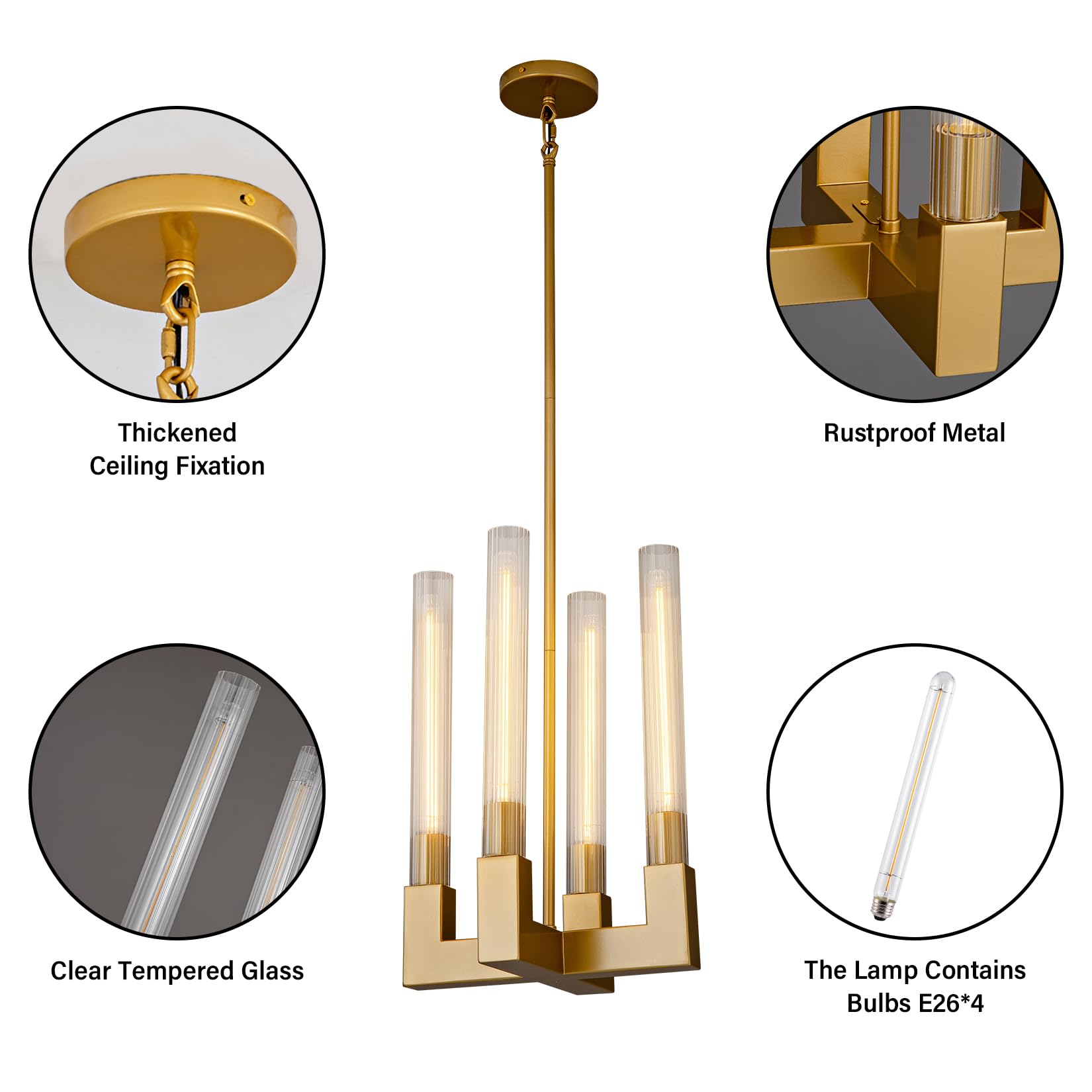 Modern Glass Tube Gold Pendant Lights – Adjustable 4 - Light Chandelier for Kitchen Island, Dining Room, Bedroom – Farmhouse & Contemporary Style with Included Bulbs - Camilalamps - B0F6YLDZVZ