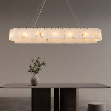 D23in Alabaster Round Chandelier, Modern Marble Dining Room Chandeliers, 2 Tiers Brass Drum Pendant Light Fixtures, Gold Ceiling Light Chandelier for Living Room, Bedroom Lights, Foyer, Kitchen