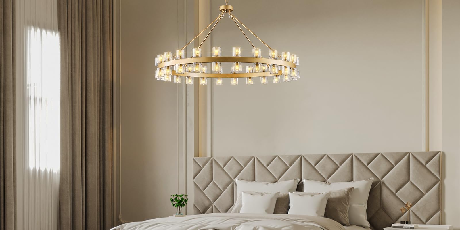 Modern 36" Gold Round Chandelier Light Fixture, K9 Crystal Chandeliers for Dining Room, Living Room, Dining Room Chandeliers Over Table, Chandelier for Bedroom, Foyer, Includes 36XG4 Bulbs - Camilalamps - B0CRGK6RHV
