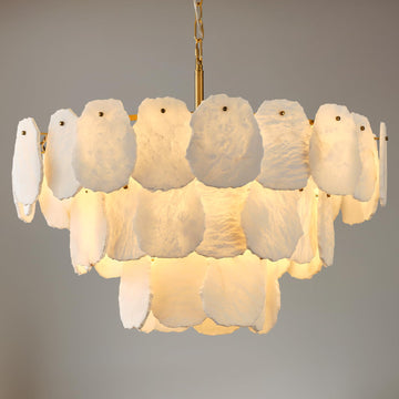 Alabaster Round Chandelier, D32in Luxury Modern Marble Dining Room Chandeliers, 3-Tiers Natural Brass Alabaster Chandelier Over Table for Living Room Dining Room Bedroom Bathroom Foyer