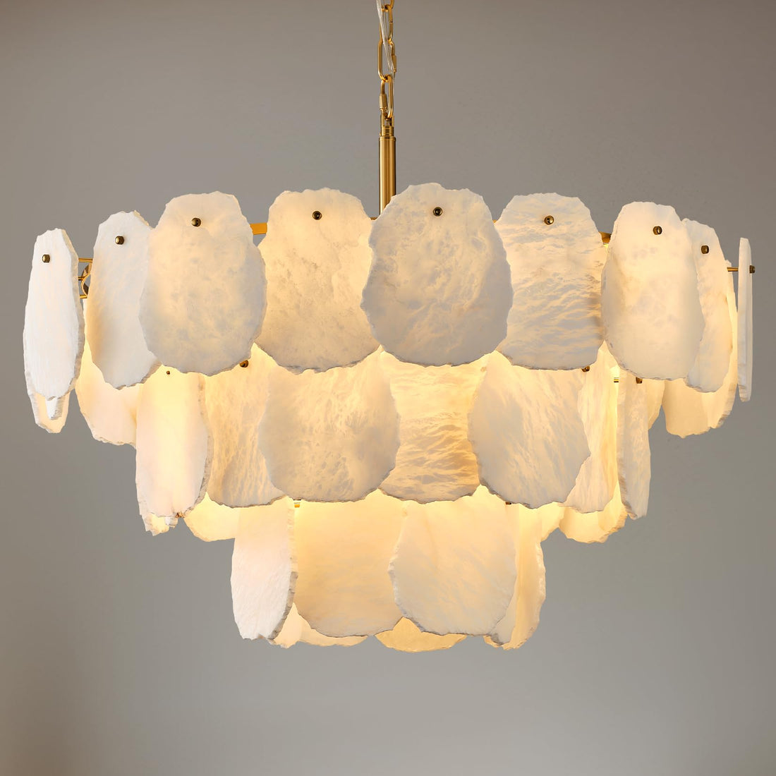 Alabaster Round Chandelier, D32in Luxury Modern Marble Dining Room Chandeliers, 3 - Tiers Natural Brass Alabaster Chandelier Over Table for Living Room Dining Room Bedroom Bathroom Foyer - Camilalamps - B0FJG42QFJ