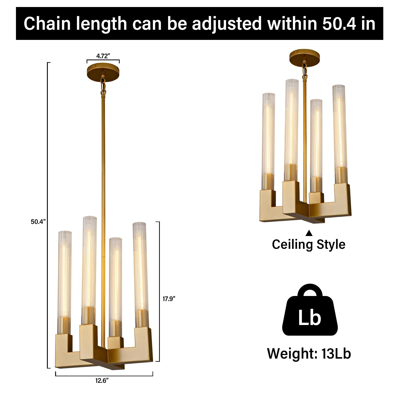 Modern Glass Tube Gold Pendant Lights – Adjustable 4 - Light Chandelier for Kitchen Island, Dining Room, Bedroom – Farmhouse & Contemporary Style with Included Bulbs - Camilalamps - B0F6YLDZVZ