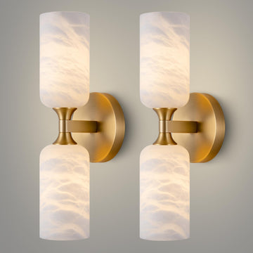 Alabaster Wall Sconce, 14in Modern Spanish Natural Marble Bathroom Vanity Sconces, Unique Indoor Brass Wall Lighting,Gold Fixtures Decor for Bedroom Living Room Staircases