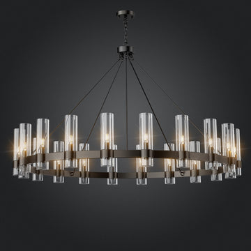 Black Chandelier, 30 Light Wagon Wheel Chandelier with Glass Shade,60 Inch Large Round Industrial High Ceilings Pendant Lighting Fixture for Dining Living Room, Kitchen Island, Foyer