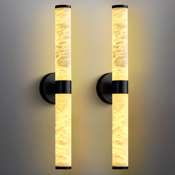 Alabaster Wall Sconces, 24" Brass Wall Sconce, Cylinder Natural Spanish Marble Sconces Wall Lighting, Modern Gold Dimmable Wall Lights for Living Room Bedroom Bathroom Stairs Hallway Entryway