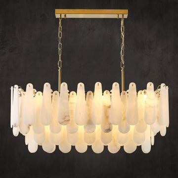 Alabaster Chandelier, D31.5 in Modern Feathery Round Chandelier, 6-Tiers Luxury Large White Marble Brass Chandeliers for Dining Room Bedroom Foyer Living Room Entryway