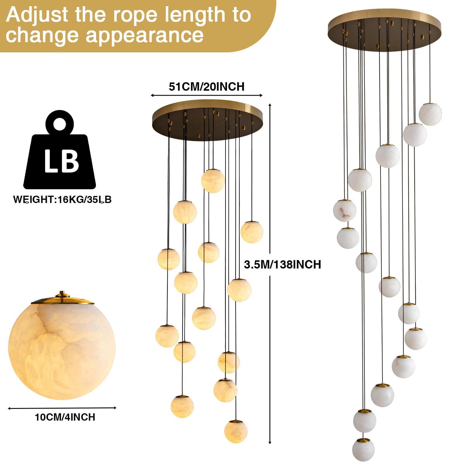 Black Alabaster Chandelier,14 - Lights Staircase Chandelier for Entryway, Modern Marble Hanging Light Fixture, Hight Ceiling, Foyer, Living Room, Staircase, Entry - Camilalamps - B0DSZZ11GM