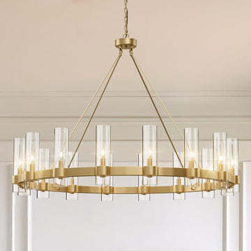 Black Chandelier, 24-Lights Wagon Wheel Chandelier with Glass Shade,48 Inch Large Round Industrial High Ceilings Pendant Lighting Fixture for Dining Living Room, Kitchen Island, Foyer