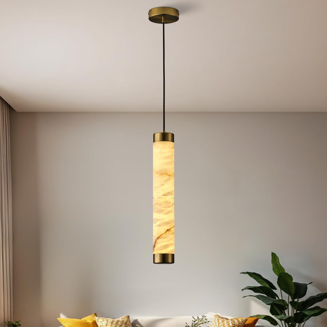 20" Alabaster Pendant Lights, Natural Marble Cylinder Brass Pendant Light, Adjustable Modern Ceiling Light Fixtures for Kitchen Island, Dining Room, Bedroom, Living Room, Bathroom - Camilalamps - B0FCSL2RJ6