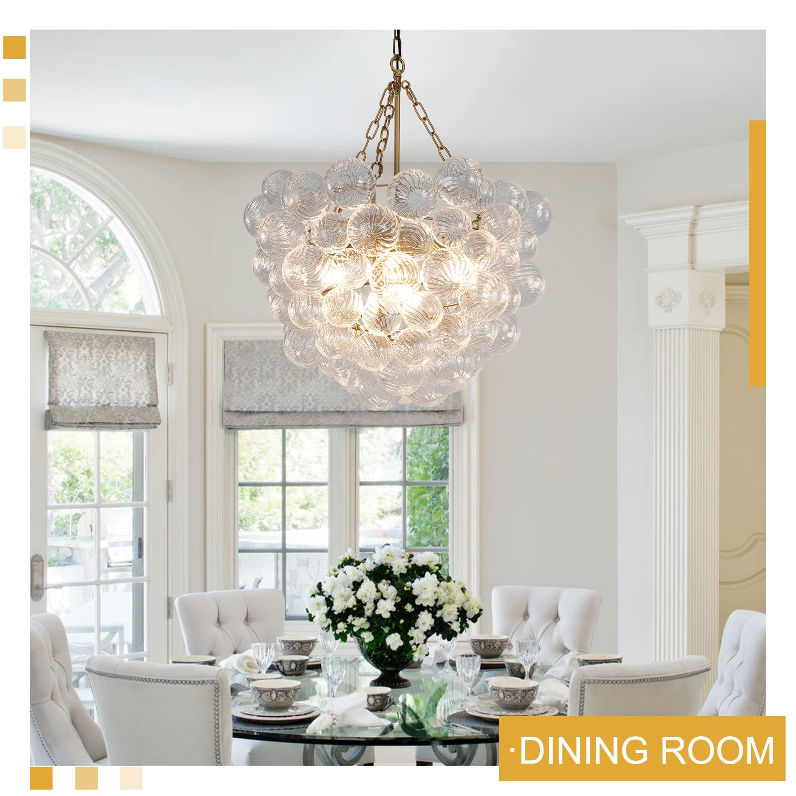 Gold Bubble Globe Chandelier, Modern Blown Glass Chandeliers with Ribbed Clear Balls, Small 24" Dia Antique Style Pendant Ceiling Light for Dining Room, Entry, Bedroom - Camilalamps - B0FDQ34ZW3