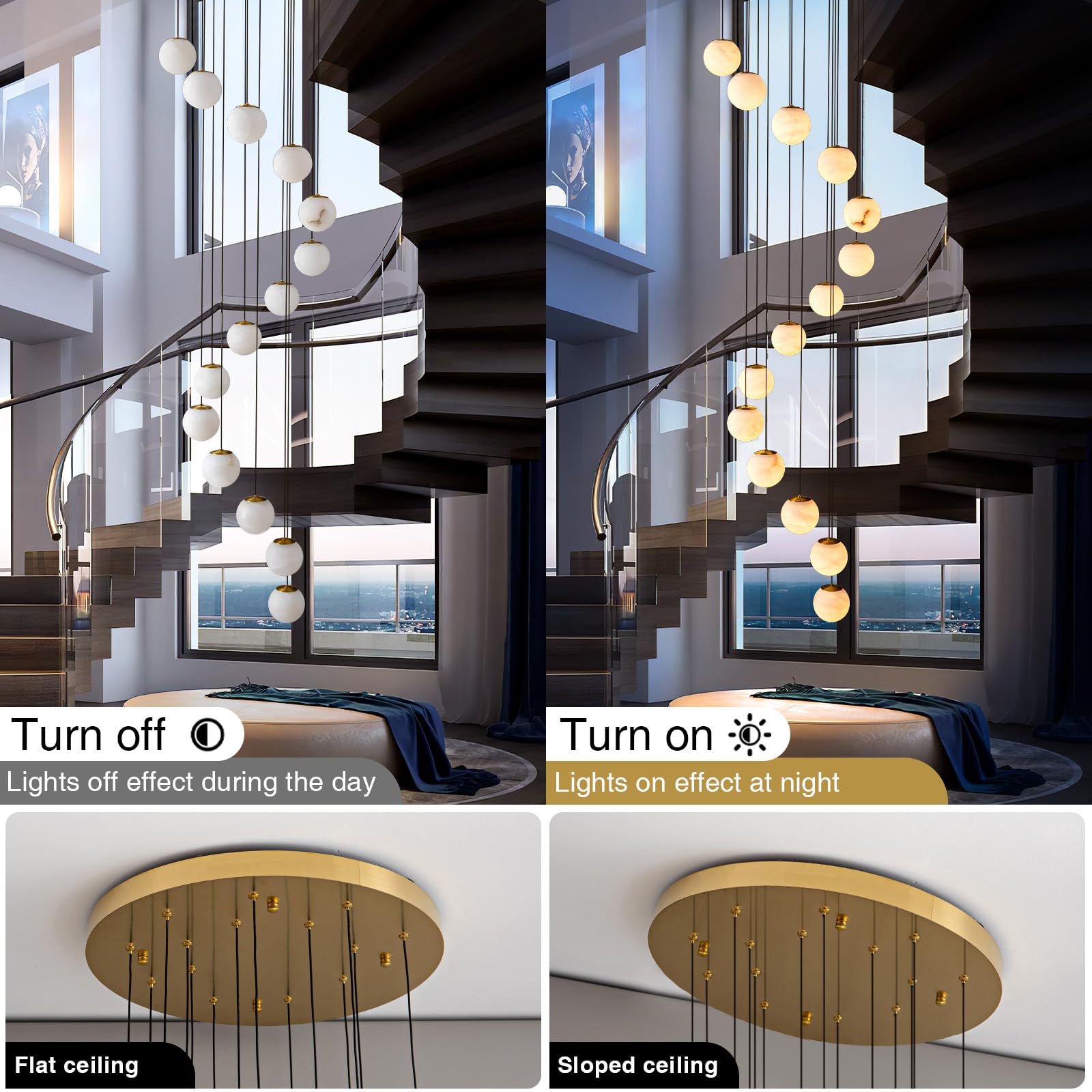 Black Alabaster Chandelier,14 - Lights Staircase Chandelier for Entryway, Modern Marble Hanging Light Fixture, Hight Ceiling, Foyer, Living Room, Staircase, Entry - Camilalamps - B0DSZZ11GM