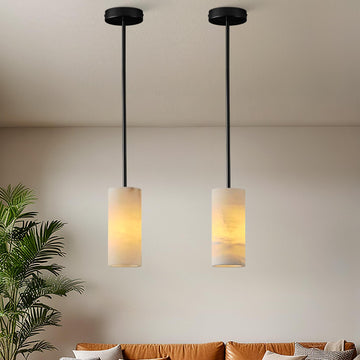 Alabaster Pendant Lights Kitchen Island, Black Hand Carved Alabaster Cylinder Pendent, Spanish Natural Marble Light Pendant for Bedroom Bathroom Dining Room Living Room (2 Pack)