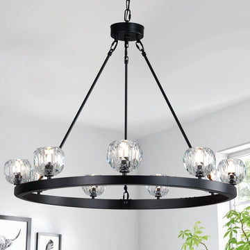 Gold Wagon Wheel Chandelier, 36'' Modern Crystal Chandeliers for Dining Room Over Table, 9-Light Round Farmhouse Chandelier Light Fixture for Living Room, Bedroom, Foyer and Stairs and Entryway