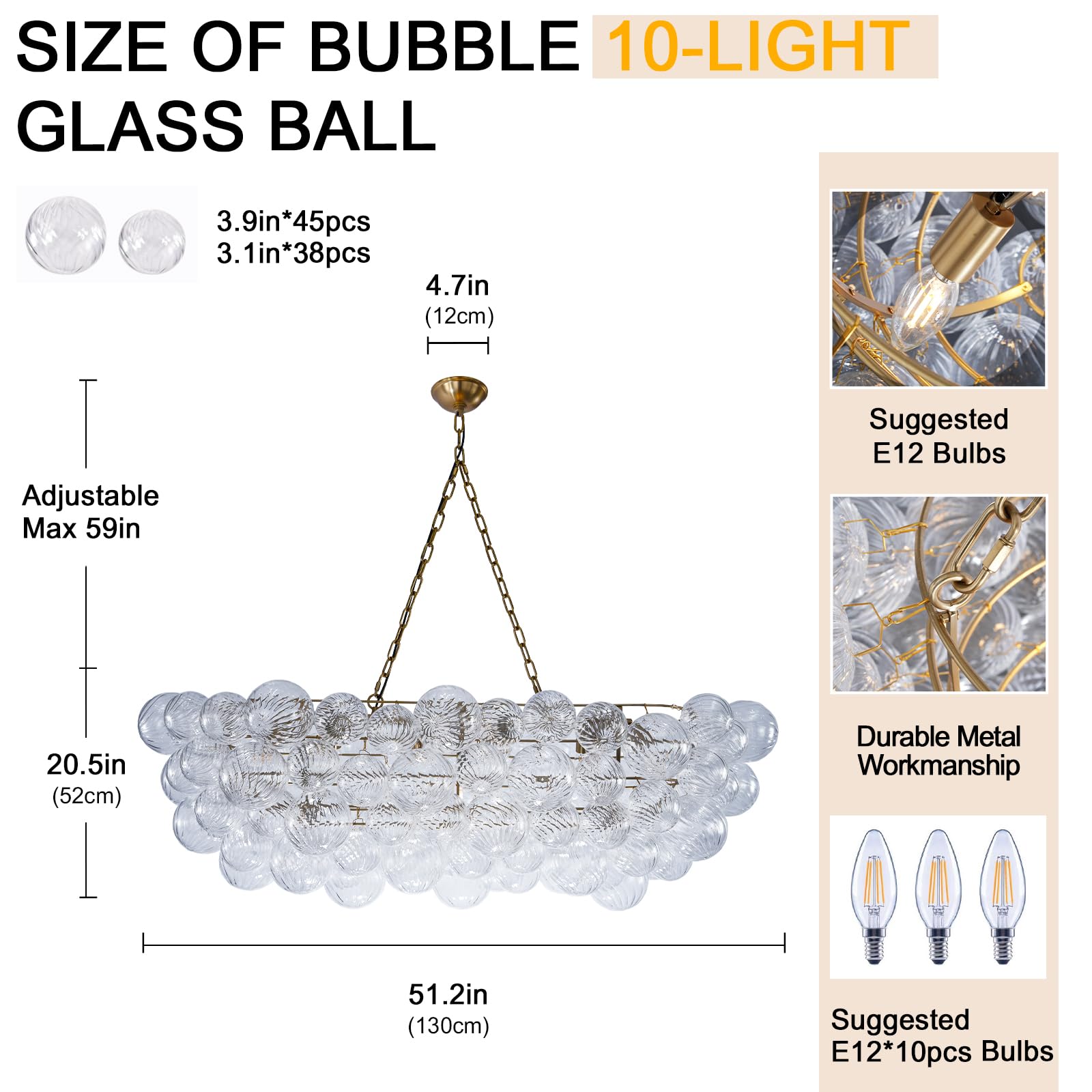 Gold Bubble Globe Chandelier, Modern Blown Glass Chandeliers with Ribbed Clear Balls, Small 24" Dia Antique Style Pendant Ceiling Light for Dining Room, Entry, Bedroom - Camilalamps - B0FDQ34ZW3