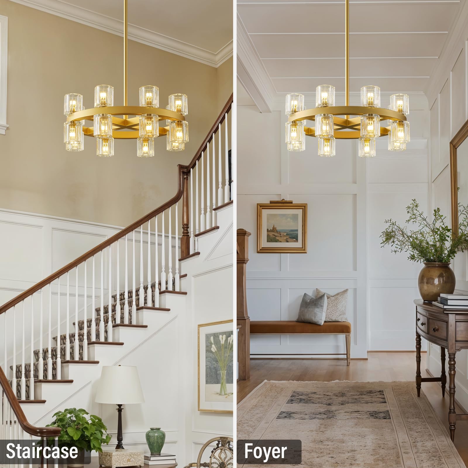 Modern 36" Gold Round Chandelier Light Fixture, K9 Crystal Chandeliers for Dining Room, Living Room, Dining Room Chandeliers Over Table, Chandelier for Bedroom, Foyer, Includes 36XG4 Bulbs - Camilalamps - B0CRGK6RHV