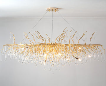 Crystal Chandeliers for Dining Room, 63" Modern Gold Tree Branch Chandelier, 15-Lights Luxury Rectangular Raindrop Chandelier Light Fixture for Kitchen Island, Living Room, Foyer, High Ceiling