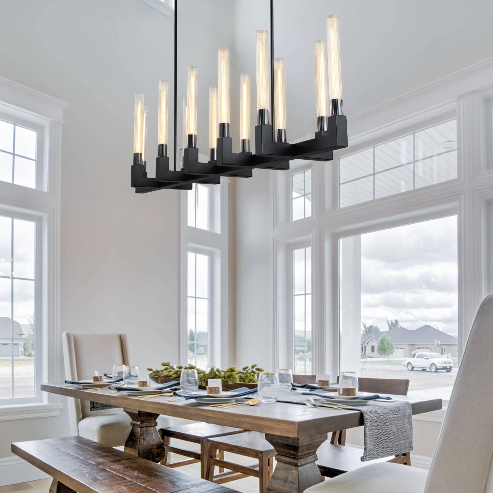 Modern Glass Tube Gold Pendant Lights – Adjustable 4 - Light Chandelier for Kitchen Island, Dining Room, Bedroom – Farmhouse & Contemporary Style with Included Bulbs - Camilalamps - B0F6YLDZVZ