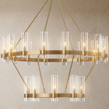 60 Inch Gold Chandelier, Wagon Wheel Chandelier with Glass Shade, 20 - Lights Large Round Modern Farmhouse High Ceiling Pendant Lighting Fixture for Dining Room, Living Room, Kitchen, Foyer - Camilalamps - B0D3C7GMVK