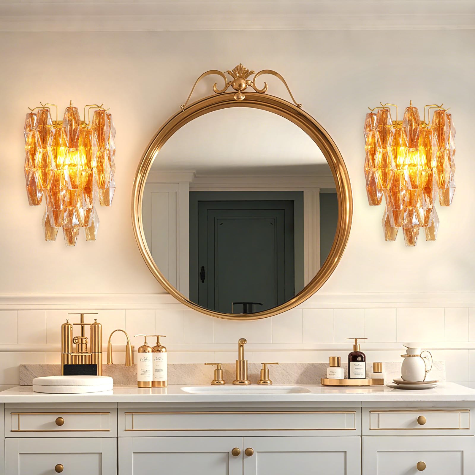 Amber Ceiling Light, 17" Modern Crystal Glass Chandelier for Bedroom, 3 - Light Round Flush Mount Ceiling Ligh for Living Room, Bathroom, Hallway, Entryway – Elegant Warm Lighting Fixture - Camilalamps - B0DQLDBCMH