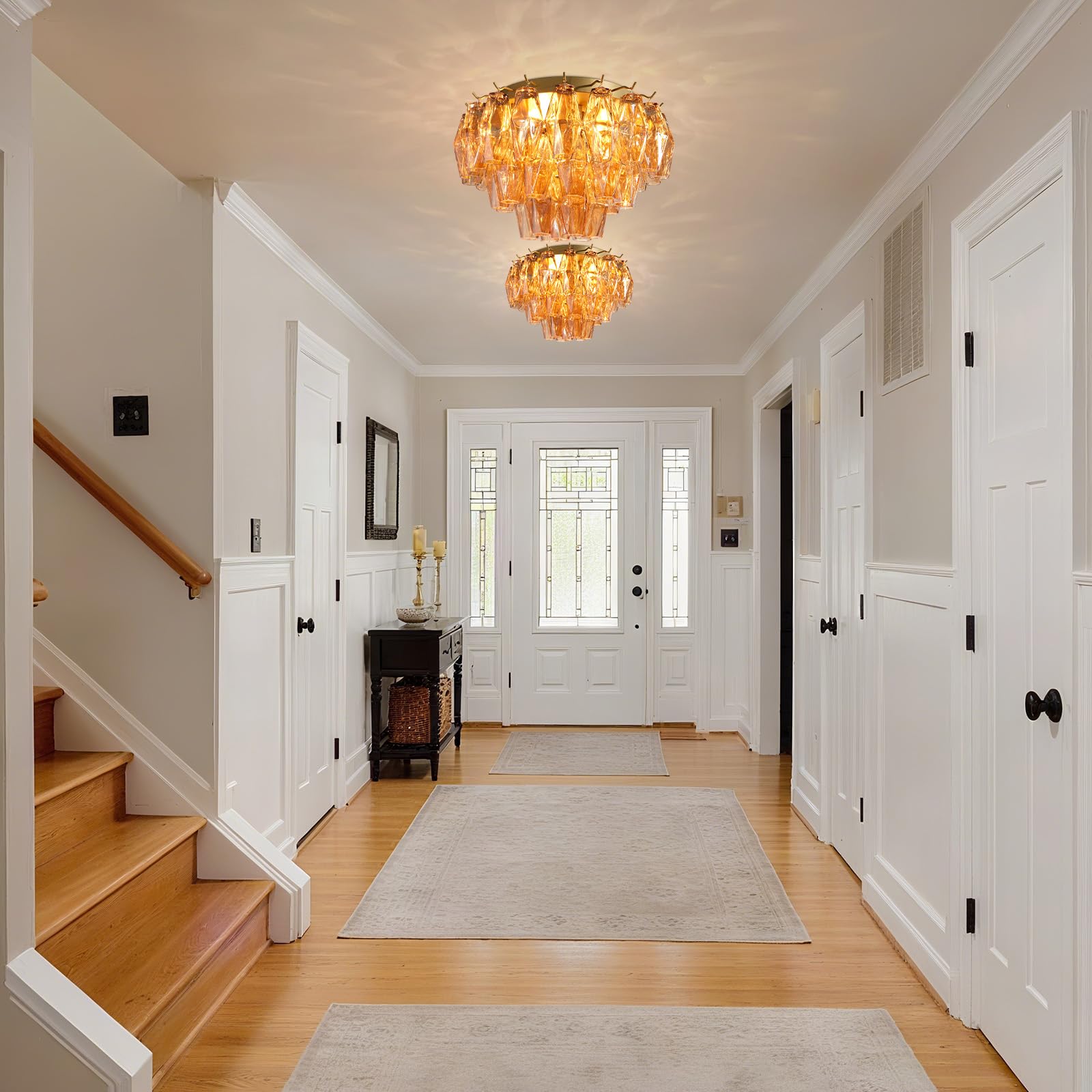 Amber Ceiling Light, 17" Modern Crystal Glass Chandelier for Bedroom, 3 - Light Round Flush Mount Ceiling Ligh for Living Room, Bathroom, Hallway, Entryway – Elegant Warm Lighting Fixture - Camilalamps - B0DQLDBCMH