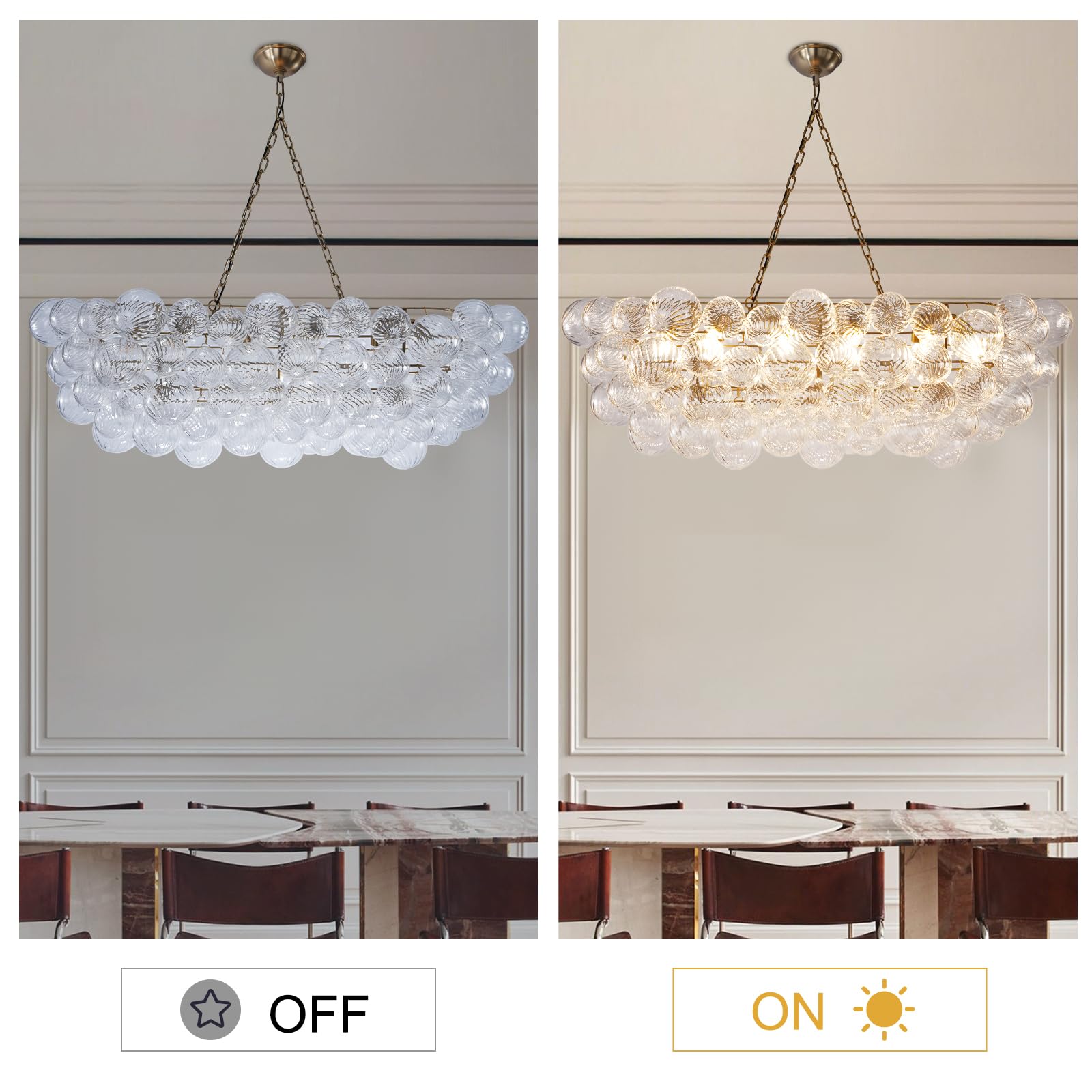 Gold Bubble Globe Chandelier, Modern Blown Glass Chandeliers with Ribbed Clear Balls, Small 24" Dia Antique Style Pendant Ceiling Light for Dining Room, Entry, Bedroom - Camilalamps - B0FDQ34ZW3