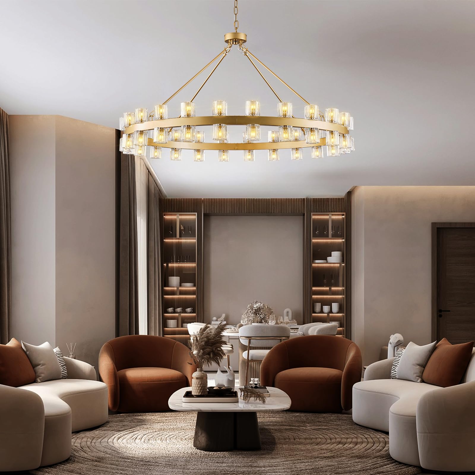 Modern 36" Gold Round Chandelier Light Fixture, K9 Crystal Chandeliers for Dining Room, Living Room, Dining Room Chandeliers Over Table, Chandelier for Bedroom, Foyer, Includes 36XG4 Bulbs - Camilalamps - B0CRGK6RHV