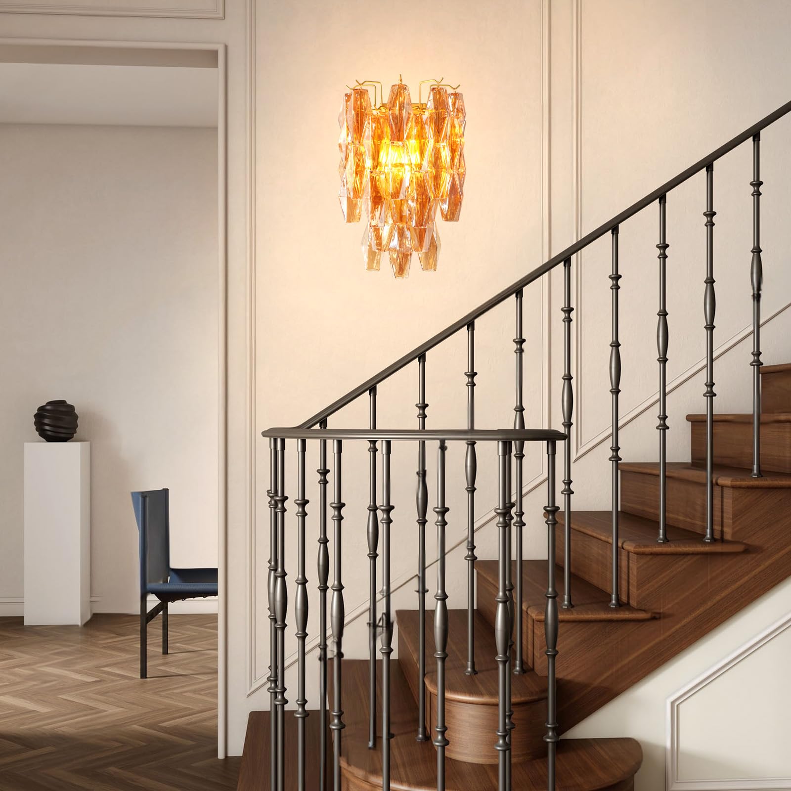 Amber Ceiling Light, 17" Modern Crystal Glass Chandelier for Bedroom, 3 - Light Round Flush Mount Ceiling Ligh for Living Room, Bathroom, Hallway, Entryway – Elegant Warm Lighting Fixture - Camilalamps - B0DQLDBCMH