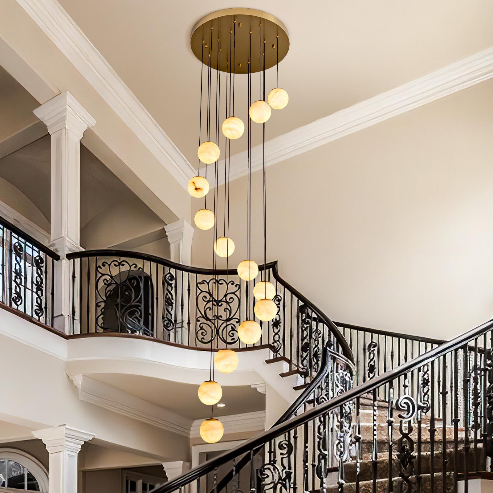 Black Alabaster Chandelier,14 - Lights Staircase Chandelier for Entryway, Modern Marble Hanging Light Fixture, Hight Ceiling, Foyer, Living Room, Staircase, Entry - Camilalamps - B0DSZZ11GM