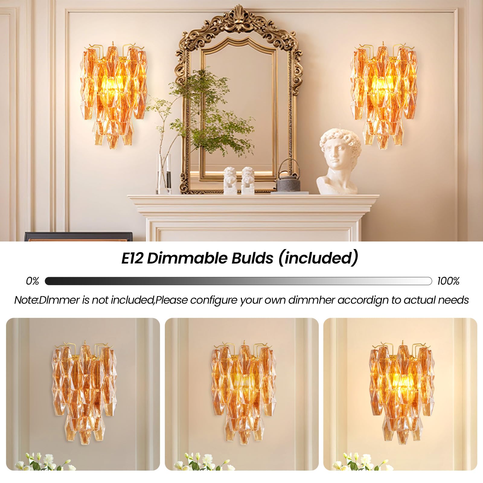 Amber Ceiling Light, 17" Modern Crystal Glass Chandelier for Bedroom, 3 - Light Round Flush Mount Ceiling Ligh for Living Room, Bathroom, Hallway, Entryway – Elegant Warm Lighting Fixture - Camilalamps - B0DQLDBCMH