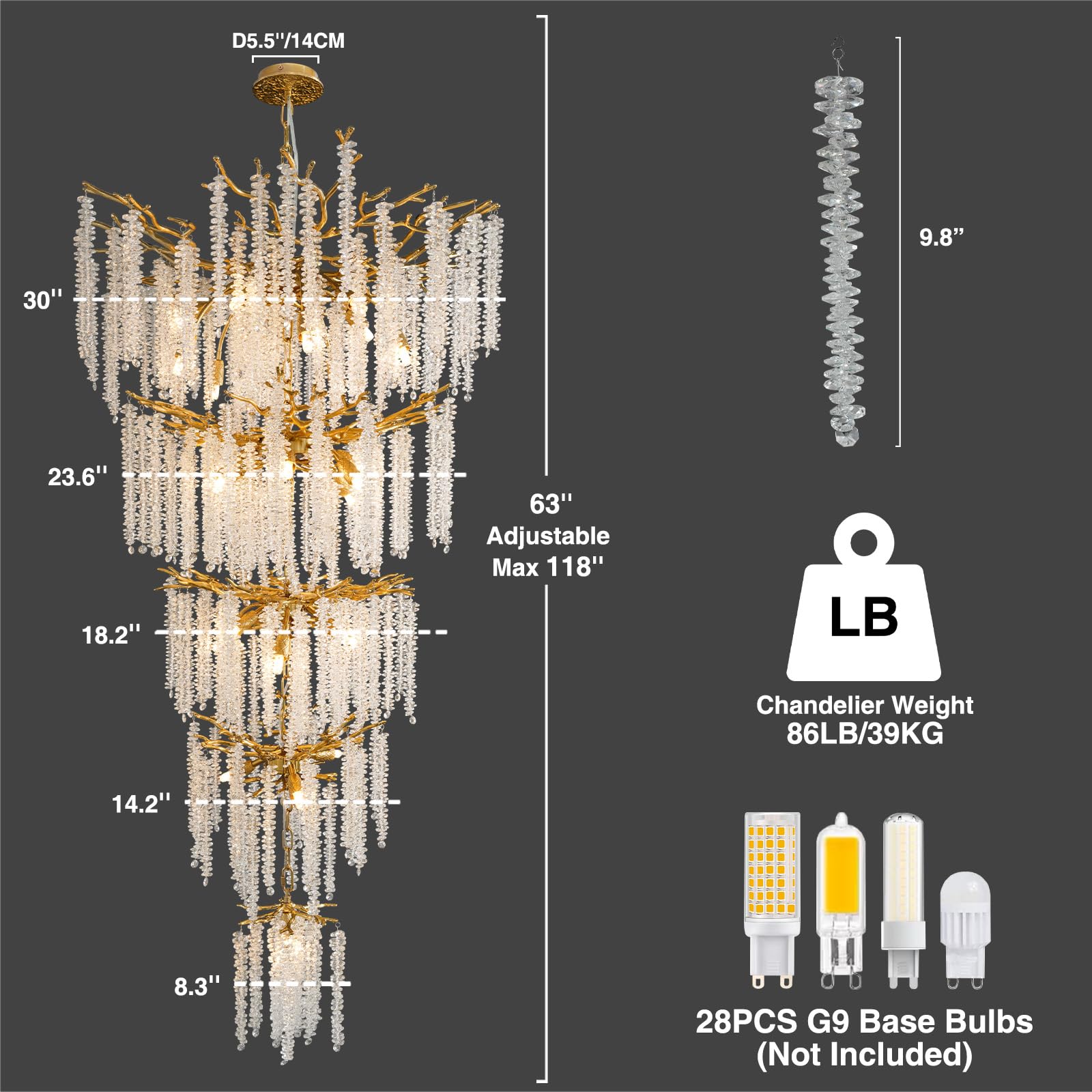 Modern Crystal Chandelier, 47.2" Gold Tree Branch Chandelier for Dining Room, Round Luxury High Ceiling Chandeliers Pendant Light Over Table, Hanging Fixture for Bedroom, Living Room, Kitchen - Camilalamps - B0FBWPQM82