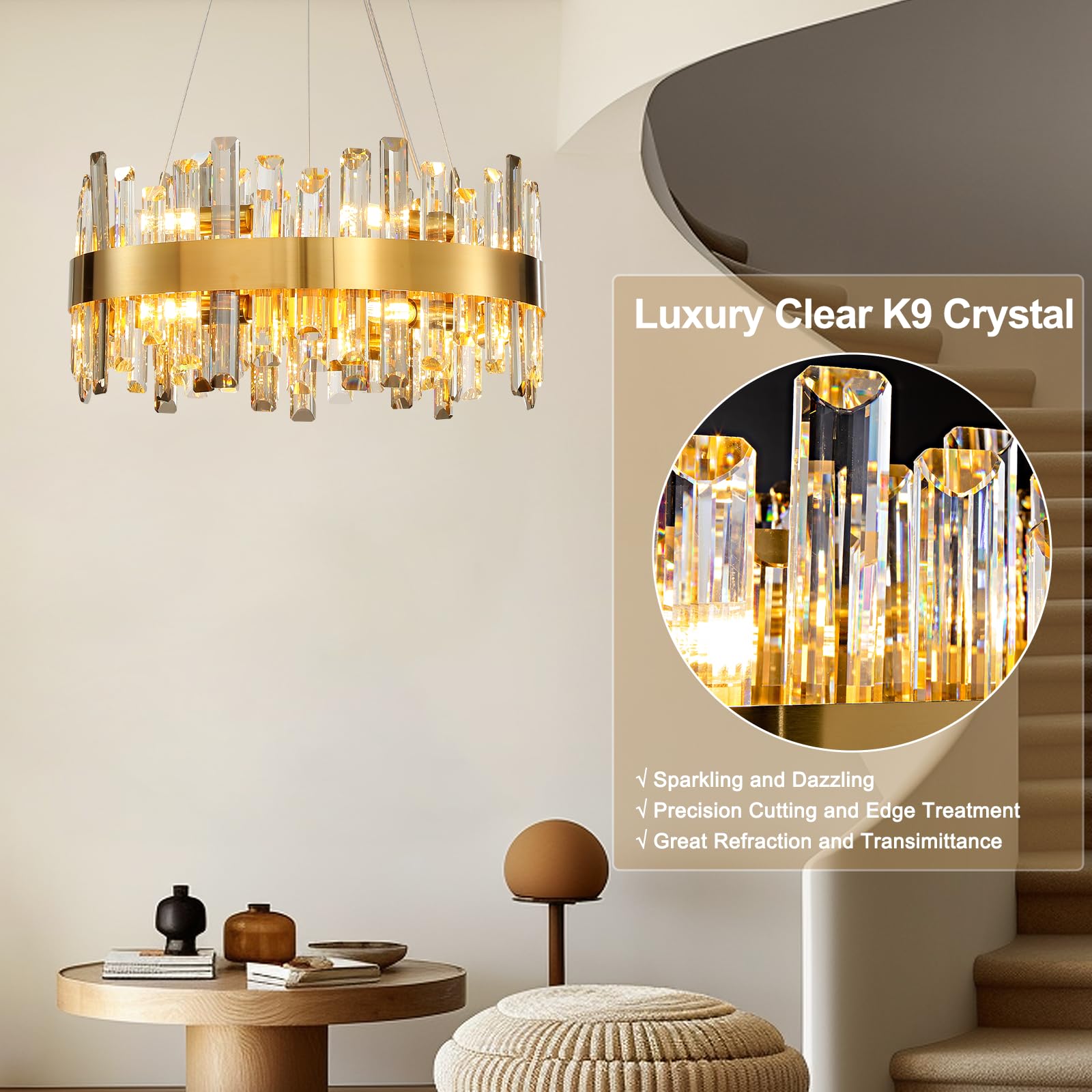 Chandelier for Dining Room, D39.4 Gold K9 Crystal Pendant Light, 20 - Light Round Over Table, Hanging Ceiling Light Fixture for Kitchen Island, Entryway, Foyer - Camilalamps - B0DMFF1692