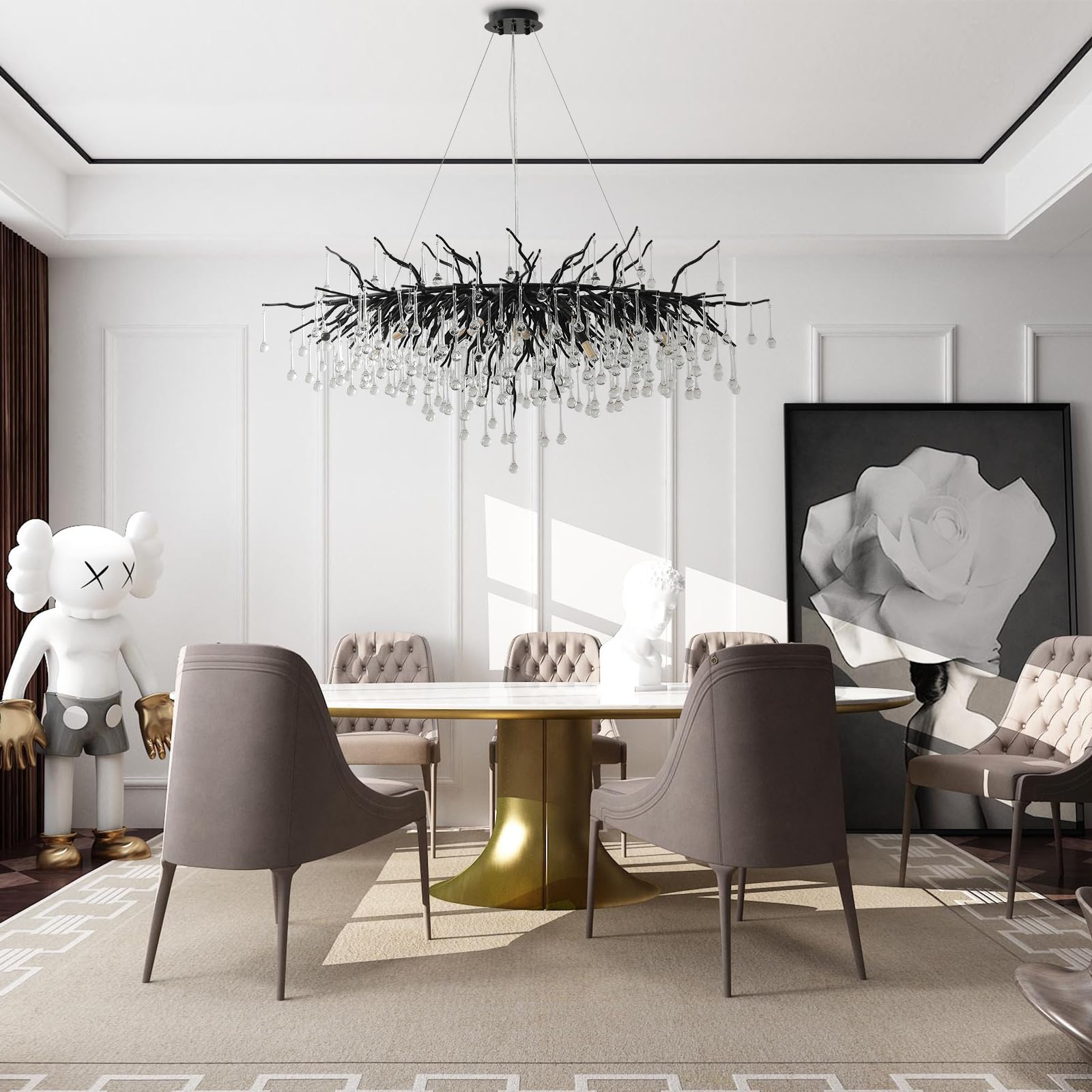 Crystal Chandeliers for Dining Room, 63" Modern Gold Tree Branch Chandelier, 15 - Lights Luxury Rectangular Raindrop Chandelier Light Fixture for Kitchen Island, Living Room, Foyer, High Ceiling - Camilalamps - B0BXNB4WRN