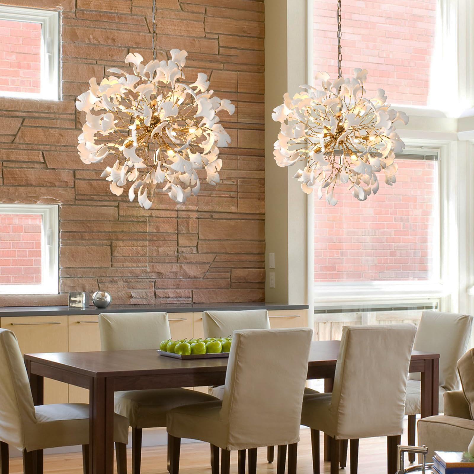 Gold Tree Branches Chandeliers for Dining Room, Sputnik Chandelier, 23.6''Modern Rounde Ceramic Ginkgo Leaf Chandelier, Dining Room Chandelier Over Table, for Living, Foyer, Kitchen, Bathroom, Bedroom - Camilalamps - B0FKB8Z415