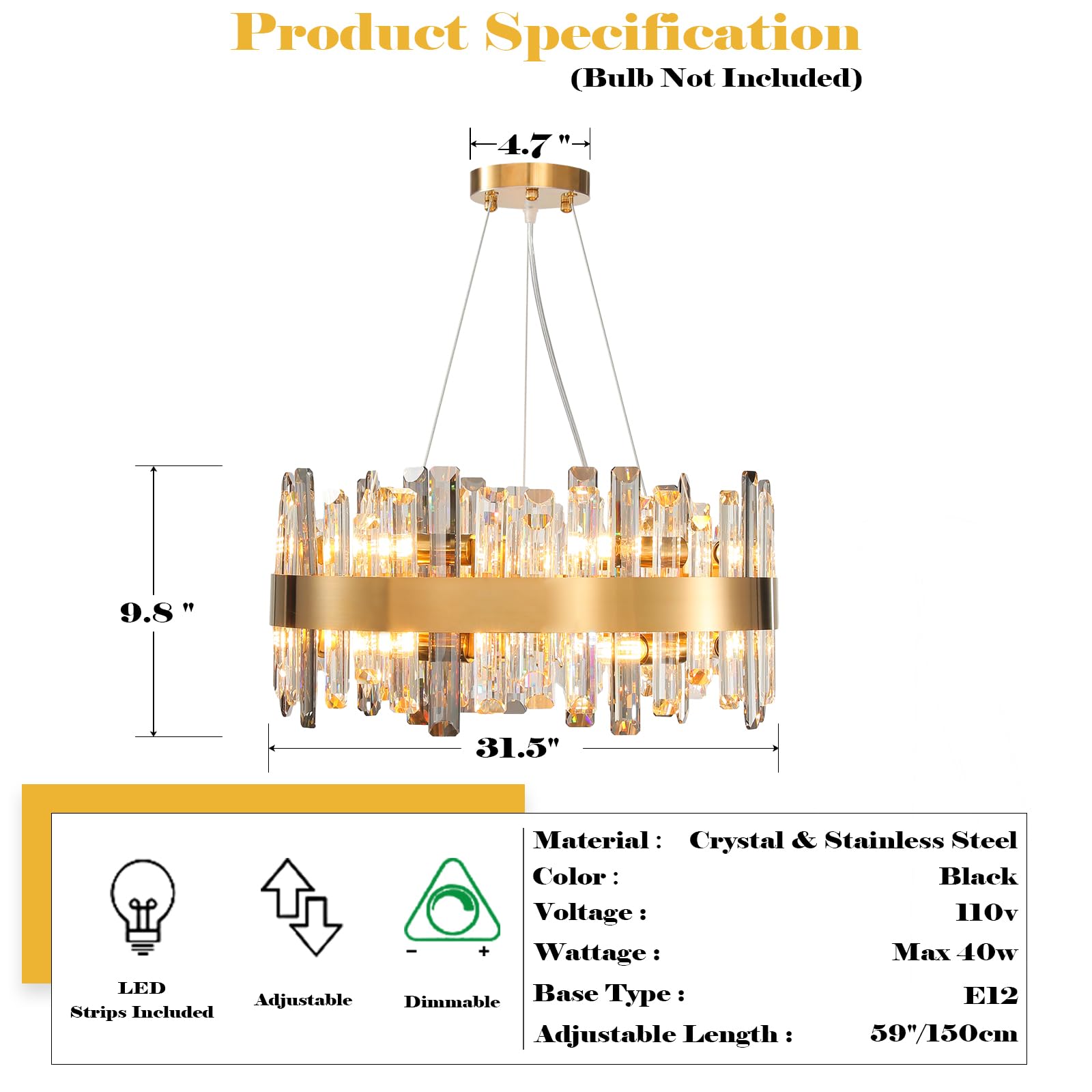 Chandelier for Dining Room, D39.4 Gold K9 Crystal Pendant Light, 20 - Light Round Over Table, Hanging Ceiling Light Fixture for Kitchen Island, Entryway, Foyer - Camilalamps - B0DMFF1692