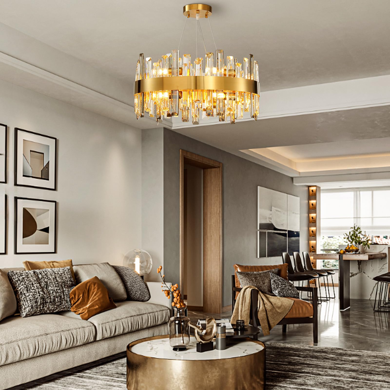 Chandelier for Dining Room, D39.4 Gold K9 Crystal Pendant Light, 20 - Light Round Over Table, Hanging Ceiling Light Fixture for Kitchen Island, Entryway, Foyer - Camilalamps - B0DMFF1692