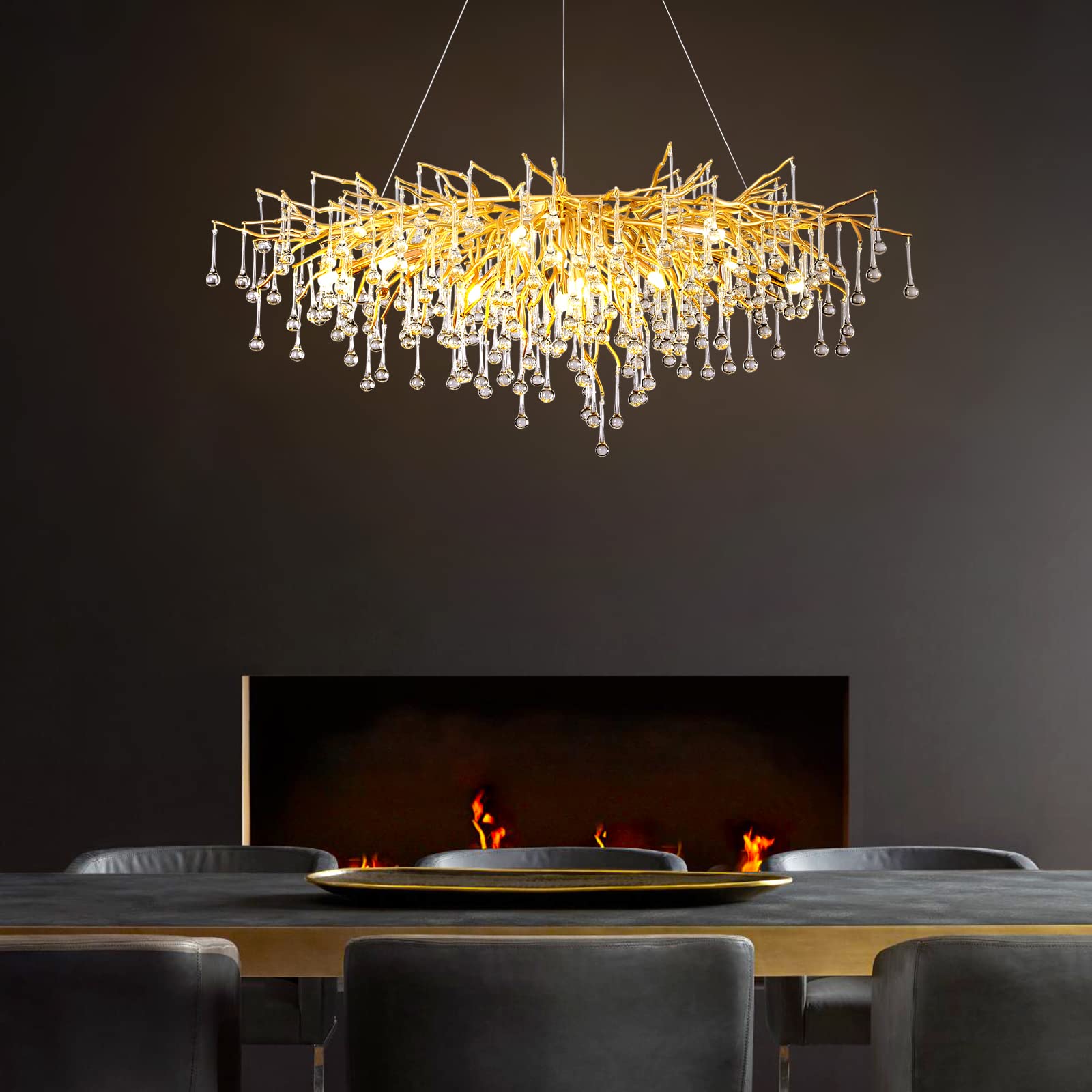 Crystal Chandeliers for Dining Room, 63" Modern Gold Tree Branch Chandelier, 15 - Lights Luxury Rectangular Raindrop Chandelier Light Fixture for Kitchen Island, Living Room, Foyer, High Ceiling - Camilalamps - B0BXNB4WRN