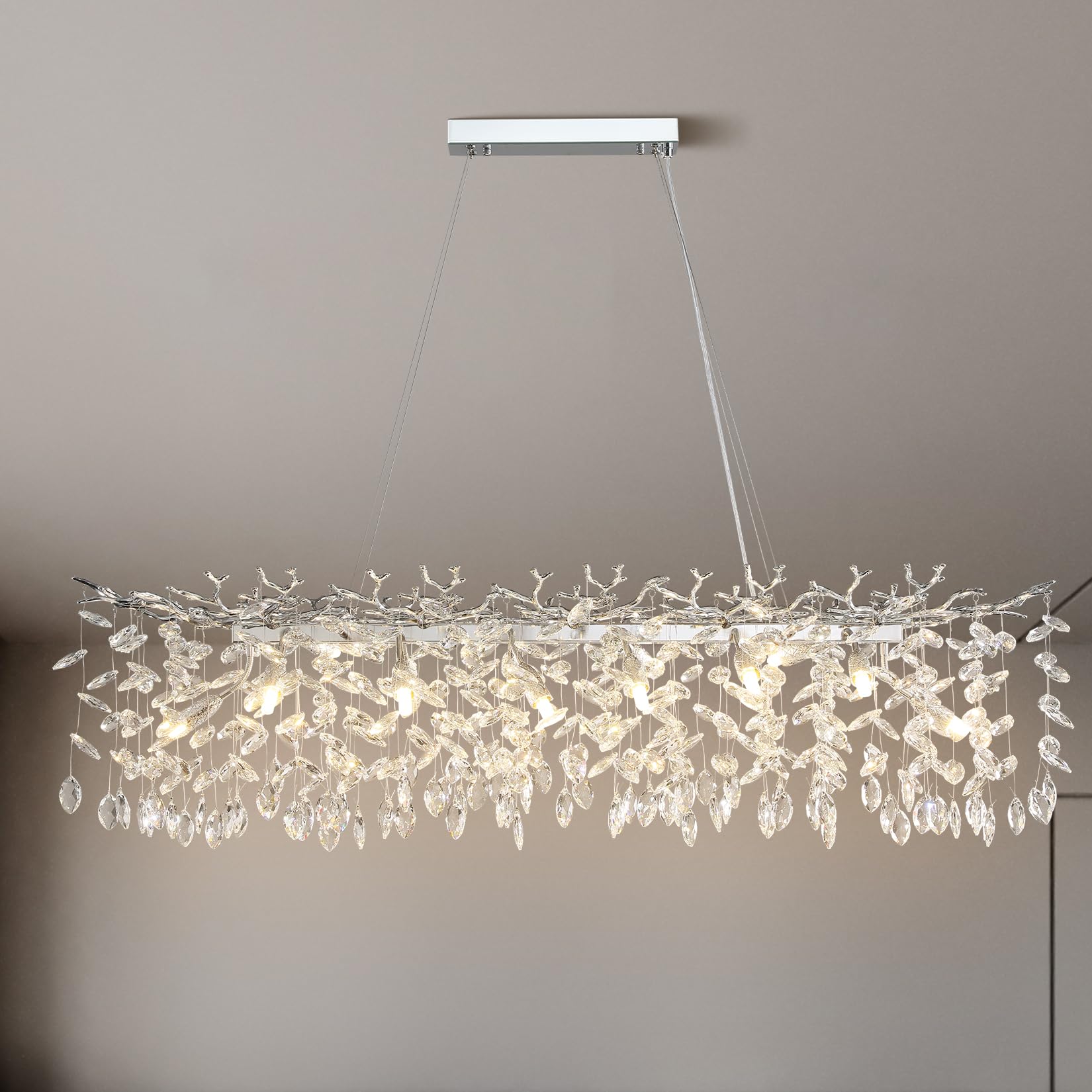 60" Modern Gold Crystal Tree Branch Chandelier, 16 - Light Rectangular Chandeliers for Dining Room, Kitchen Island, Living Room, Luxury K9 Crystal Raindrop Light Fixture - Camilalamps - B0C819WWYC