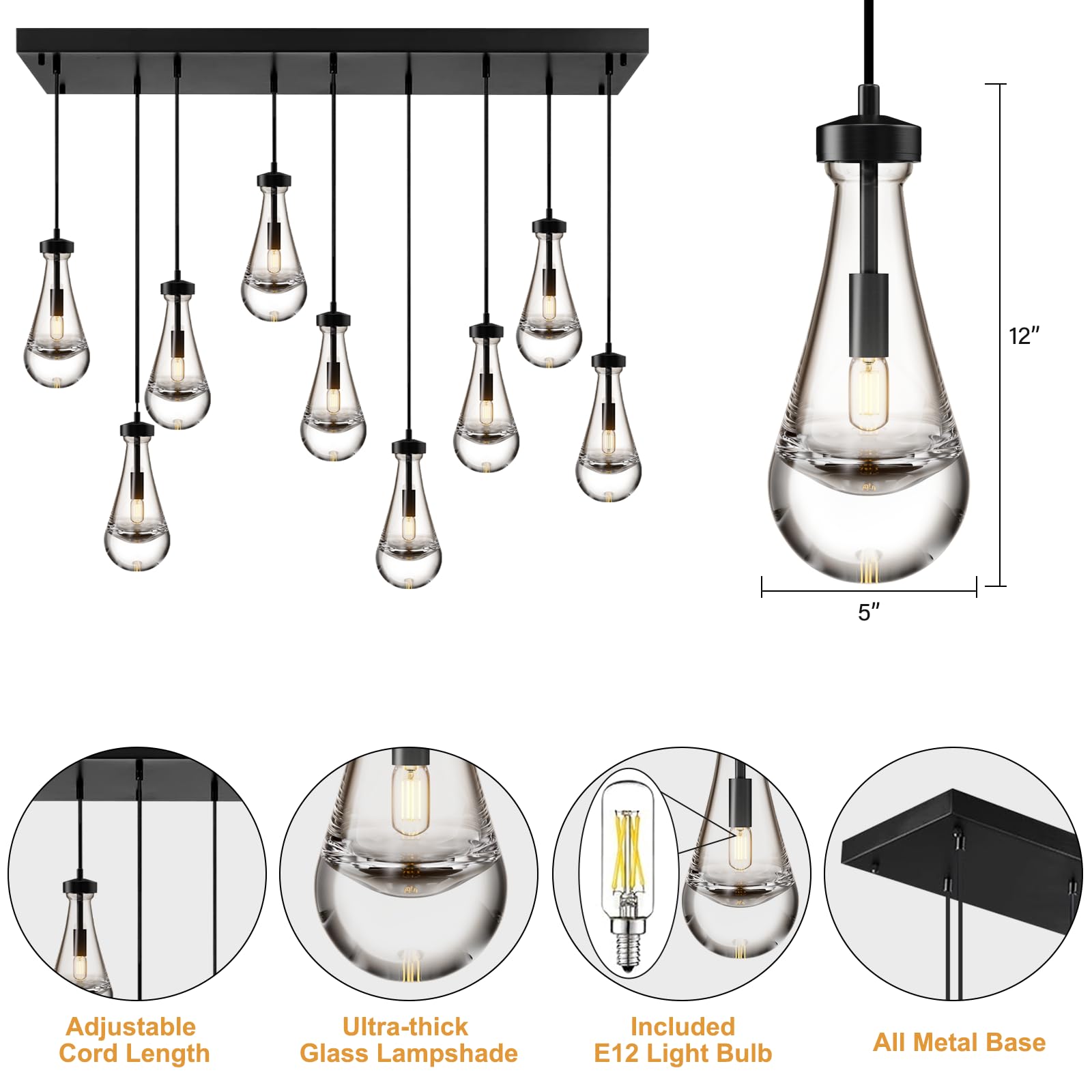 Raindrop Pendant Lights Set of 2,Kitchen Island Hanging Light Fixtures, Modern Art Raindrop Clear Solid Glass Chandelier for Dining Room for Porch, Corridor, Living Room - Camilalamps - B0CSPP5CY4