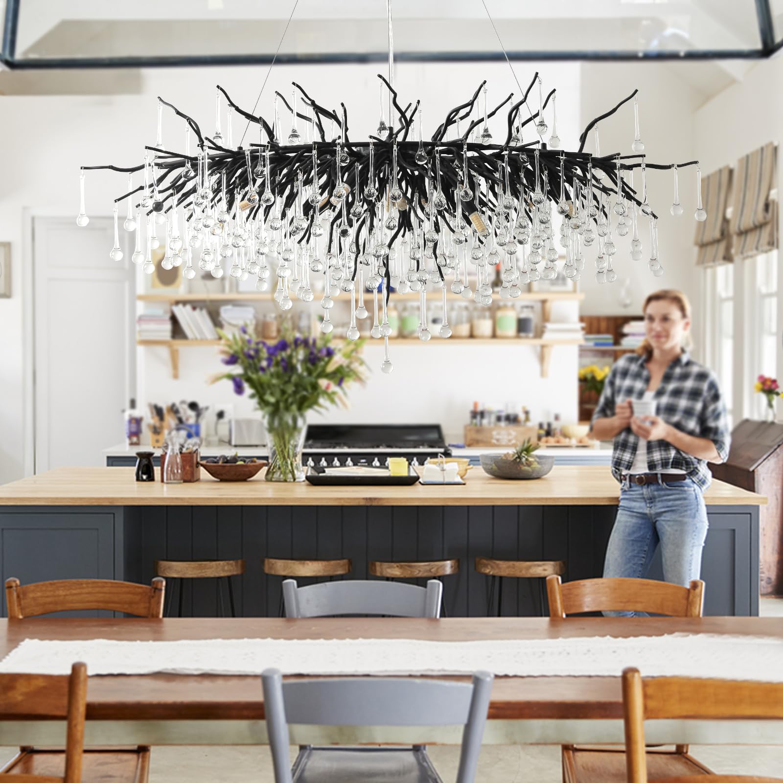 Crystal Chandeliers for Dining Room, 63" Modern Gold Tree Branch Chandelier, 15 - Lights Luxury Rectangular Raindrop Chandelier Light Fixture for Kitchen Island, Living Room, Foyer, High Ceiling - Camilalamps - B0BXNB4WRN