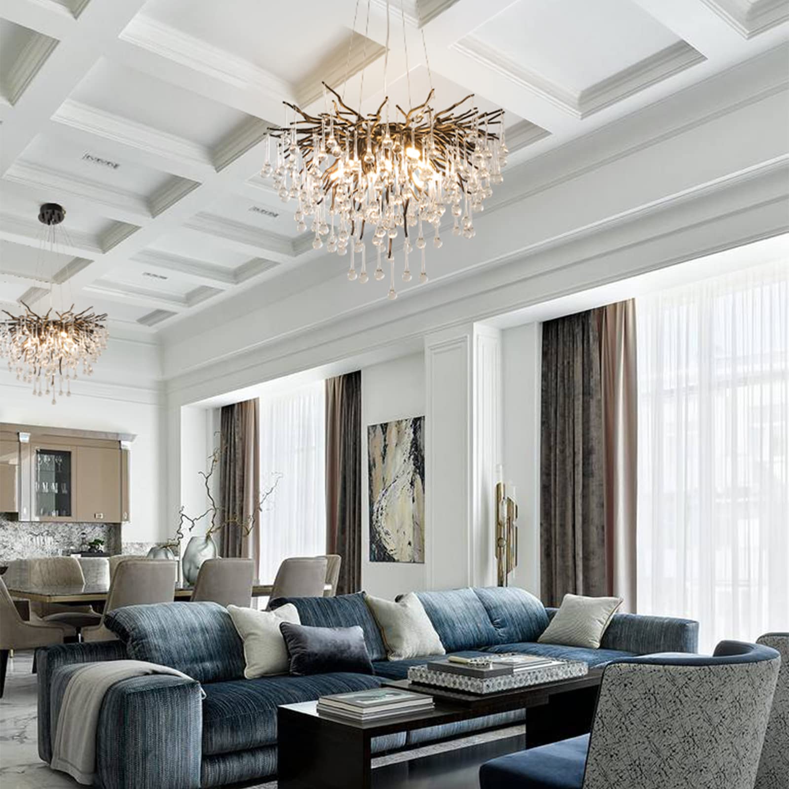 Crystal Chandeliers for Dining Room, 63" Modern Gold Tree Branch Chandelier, 15 - Lights Luxury Rectangular Raindrop Chandelier Light Fixture for Kitchen Island, Living Room, Foyer, High Ceiling - Camilalamps - B0BXNB4WRN