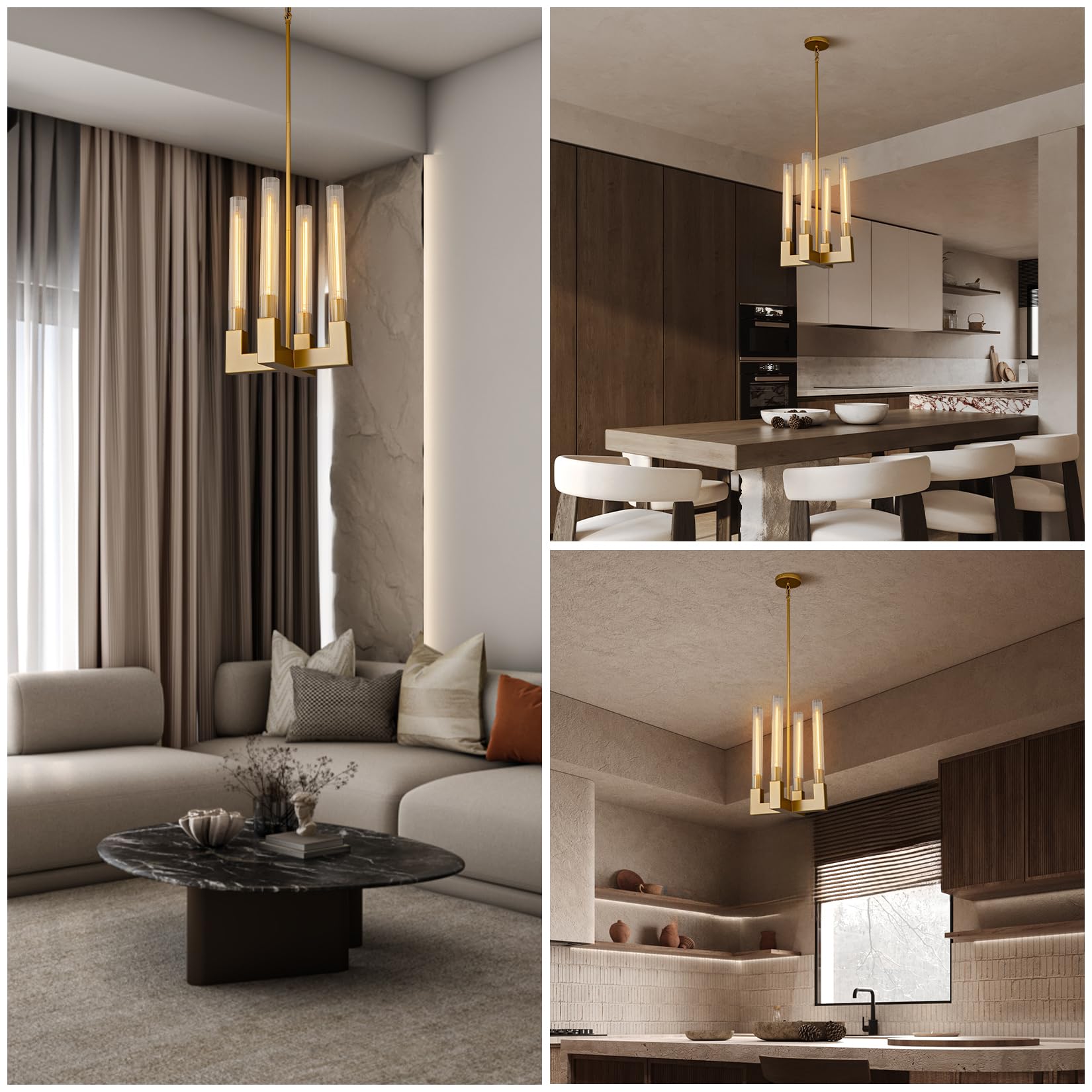 Modern Glass Tube Gold Pendant Lights – Adjustable 4 - Light Chandelier for Kitchen Island, Dining Room, Bedroom – Farmhouse & Contemporary Style with Included Bulbs - Camilalamps - B0F6YLDZVZ