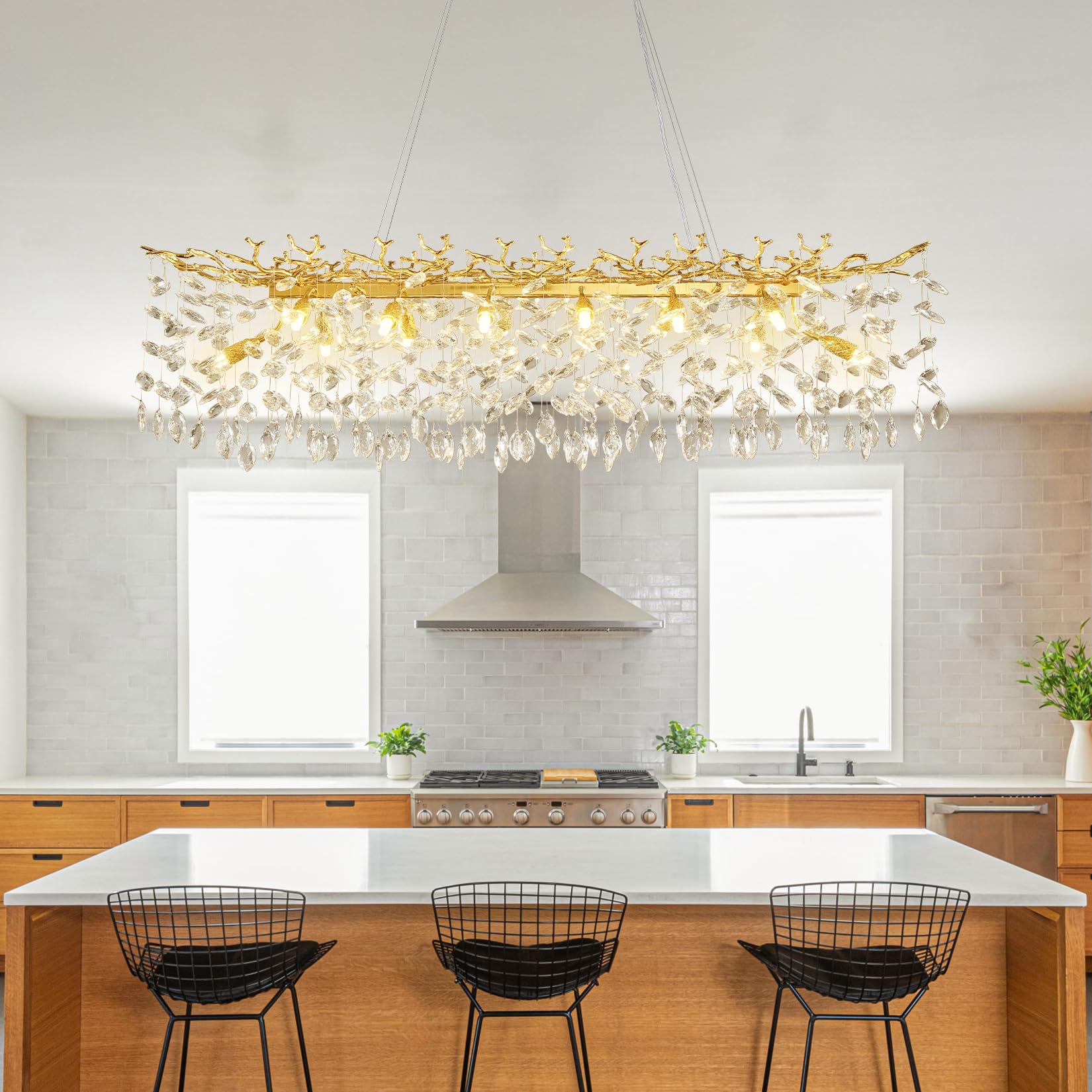 Crystal Chandeliers for Dining Room, 63" Modern Gold Tree Branch Chandelier, 15 - Lights Luxury Rectangular Raindrop Chandelier Light Fixture for Kitchen Island, Living Room, Foyer, High Ceiling - Camilalamps - B0DNZCRGG1