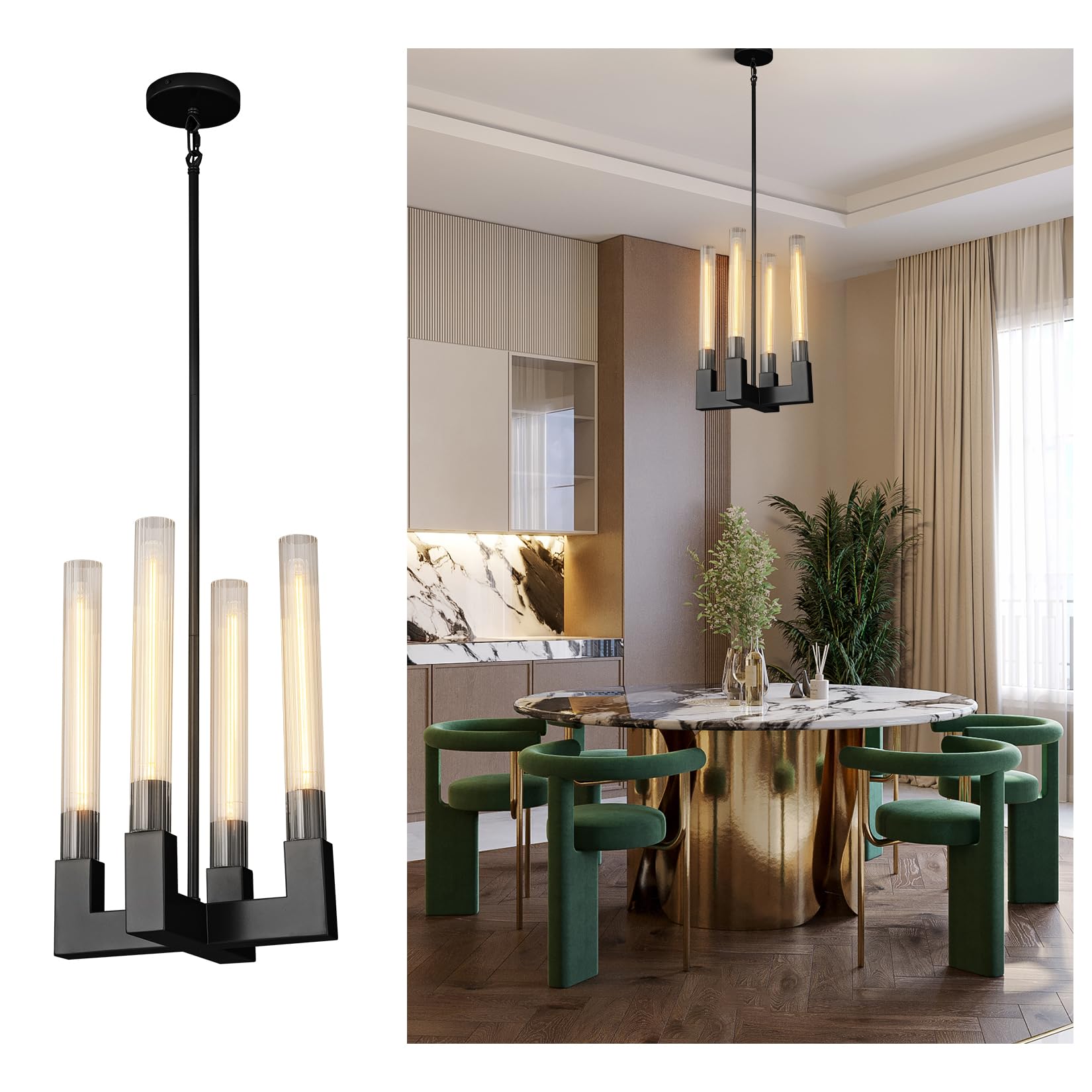 Modern Glass Tube Gold Pendant Lights – Adjustable 4 - Light Chandelier for Kitchen Island, Dining Room, Bedroom – Farmhouse & Contemporary Style with Included Bulbs - Camilalamps - B0F6YLDZVZ